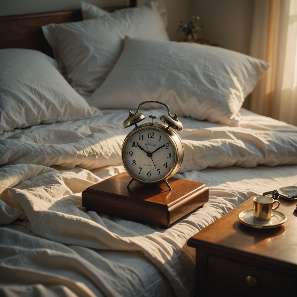 A photorealistic overhead shot of an unmade bed at dawn, soft golden sunlight streaming…