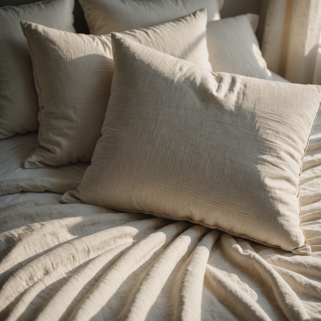 Overhead close-up photograph of a crisp white pillow on neatly made linen bedsheets in…