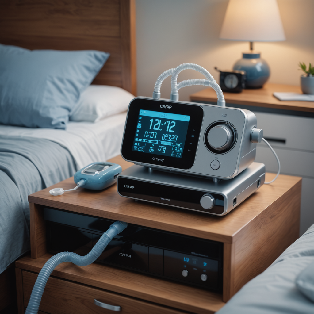 Photorealistic close-up of a modern CPAP machine on a wooden nightstand beside a neatly…
