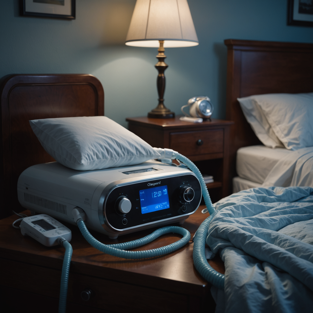 A dimly lit bedroom at 3 a.m. captured in cinematic photorealistic detail, a CPAP…
