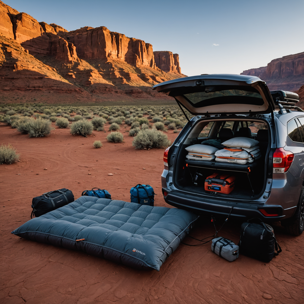 A photorealistic wide-angle photograph taken from outside the open tailgate of a Subaru wagon…