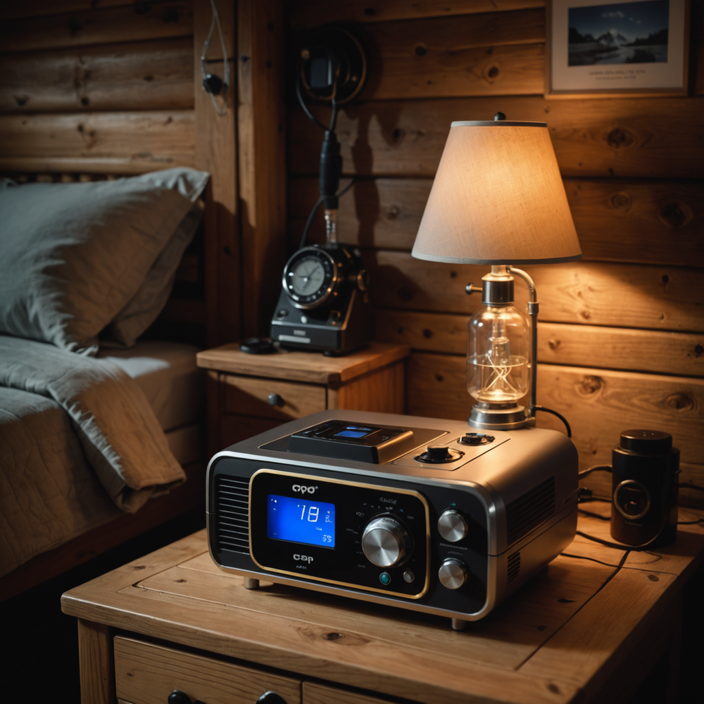 A photorealistic interior shot of a modern CPAP machine sitting on a wooden nightstand…