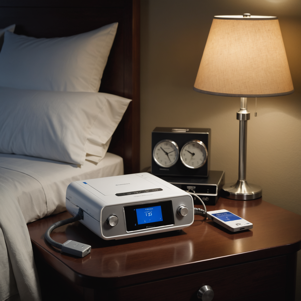 A close-up photorealistic still life on a dimly lit hotel nightstand at night, featuring…