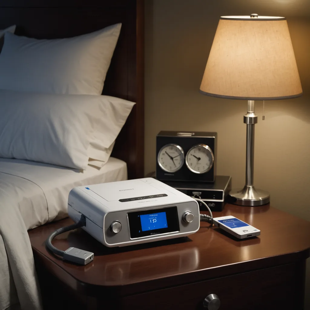 A close-up photorealistic still life on a dimly lit hotel nightstand at night, featuring…
