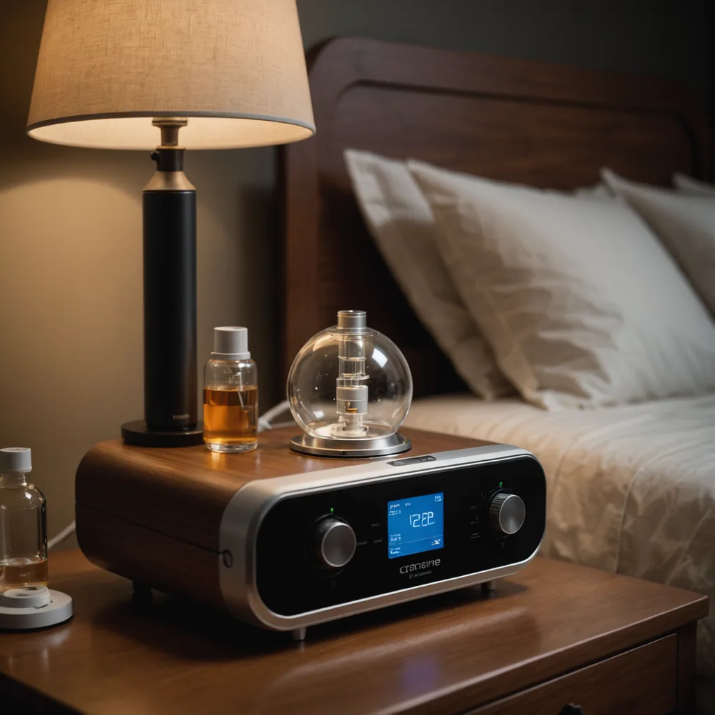 A close-up photograph of a modern CPAP machine on a wooden nightstand in a…