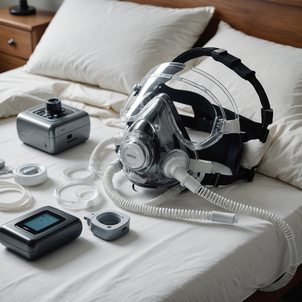 A close-up still life photograph of a disassembled CPAP machine on a clean white…