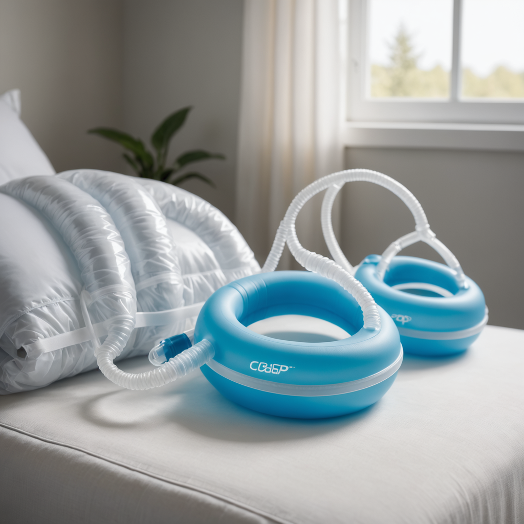 Close-up still life of three silicone CPAP full-face mask cushions in small, medium, and…