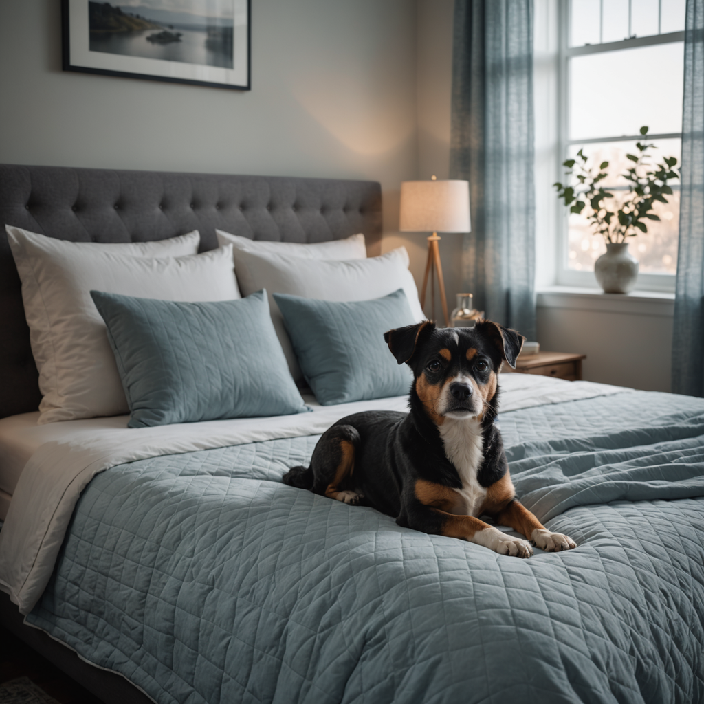 A serene, dimly lit modern bedroom photographed at dawn, soft blue-gray light filtering through…