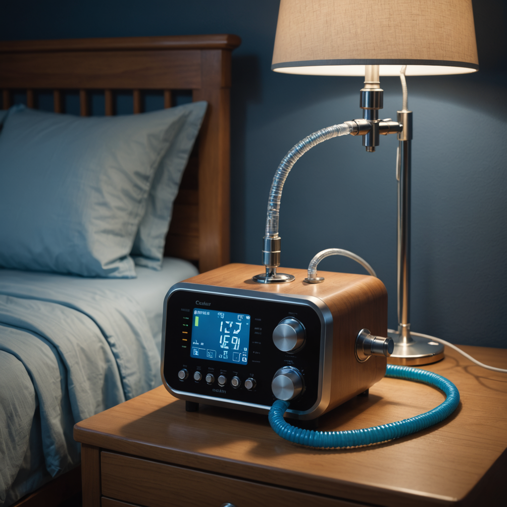 A close-up photorealistic photograph of a modern bilevel positive airway pressure device sitting on…