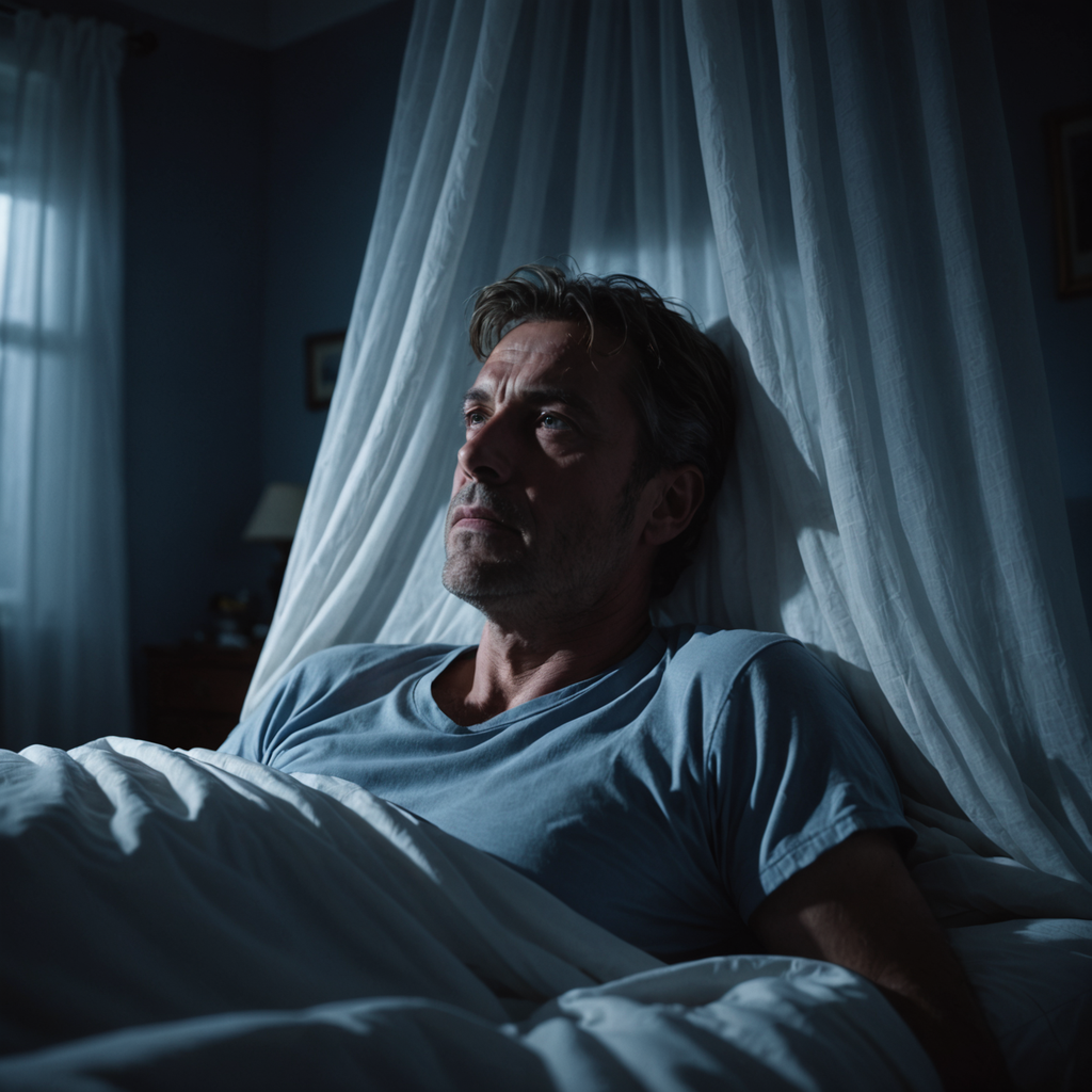 A dimly lit bedroom at 4 a.m., a middle-aged man lying awake on his…