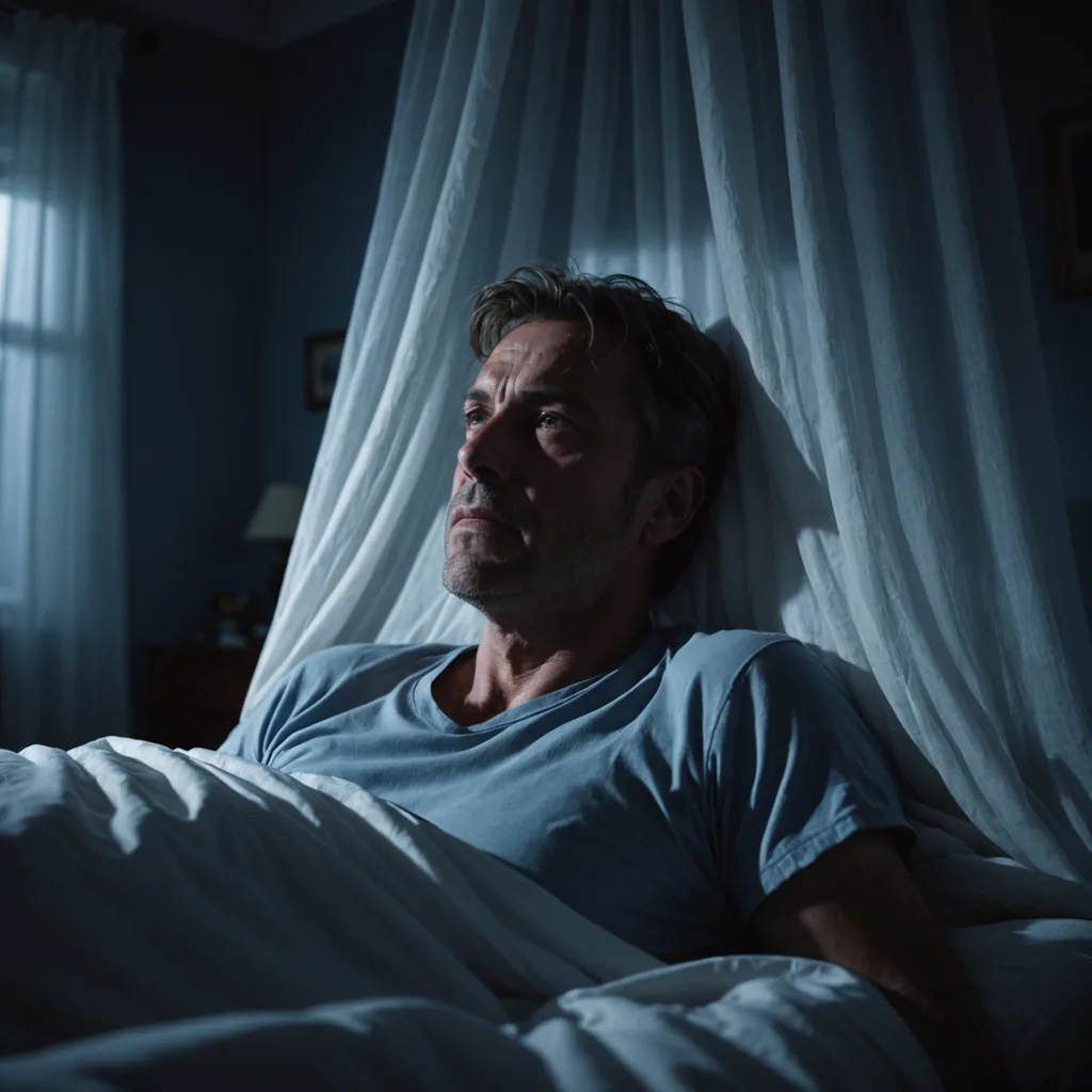 A dimly lit bedroom at 4 a.m., a middle-aged man lying awake on his…