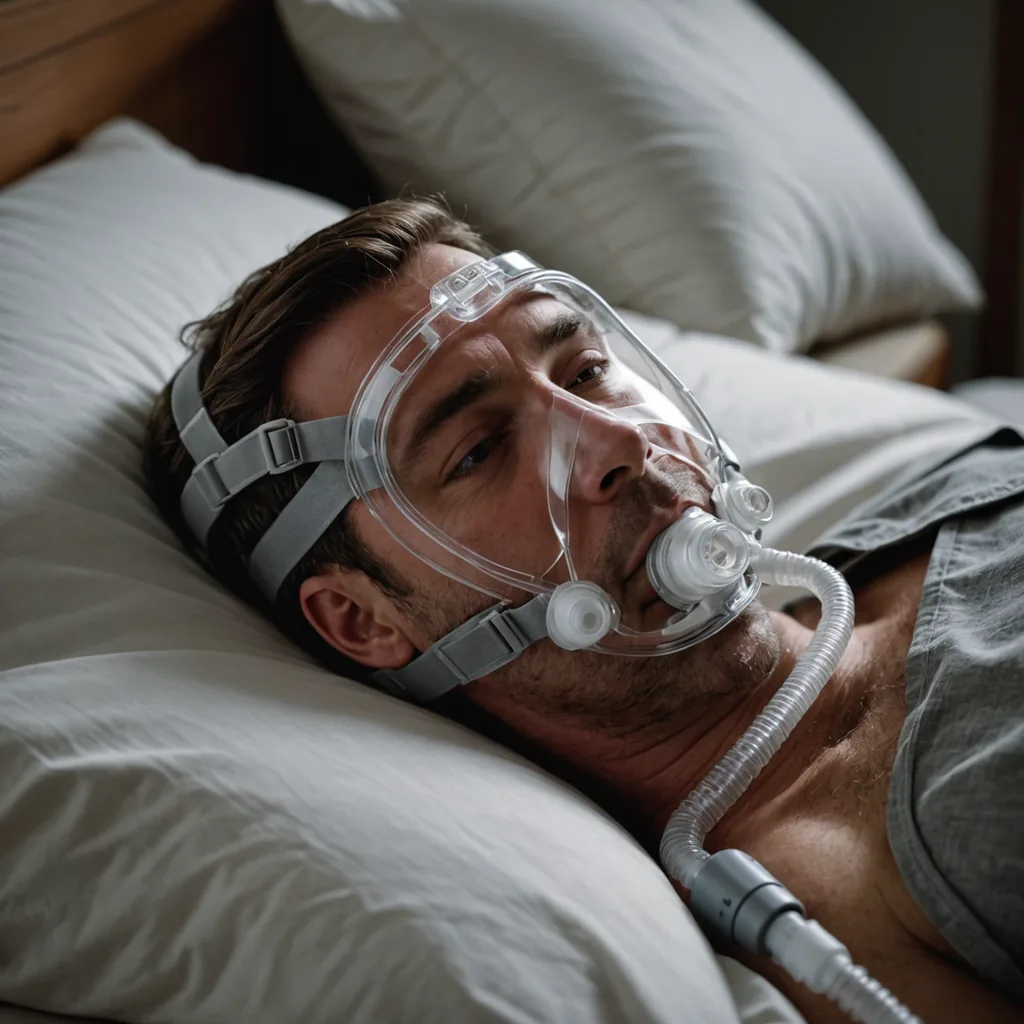 A close-up still life photograph of a modern nasal CPAP mask with translucent silicone…