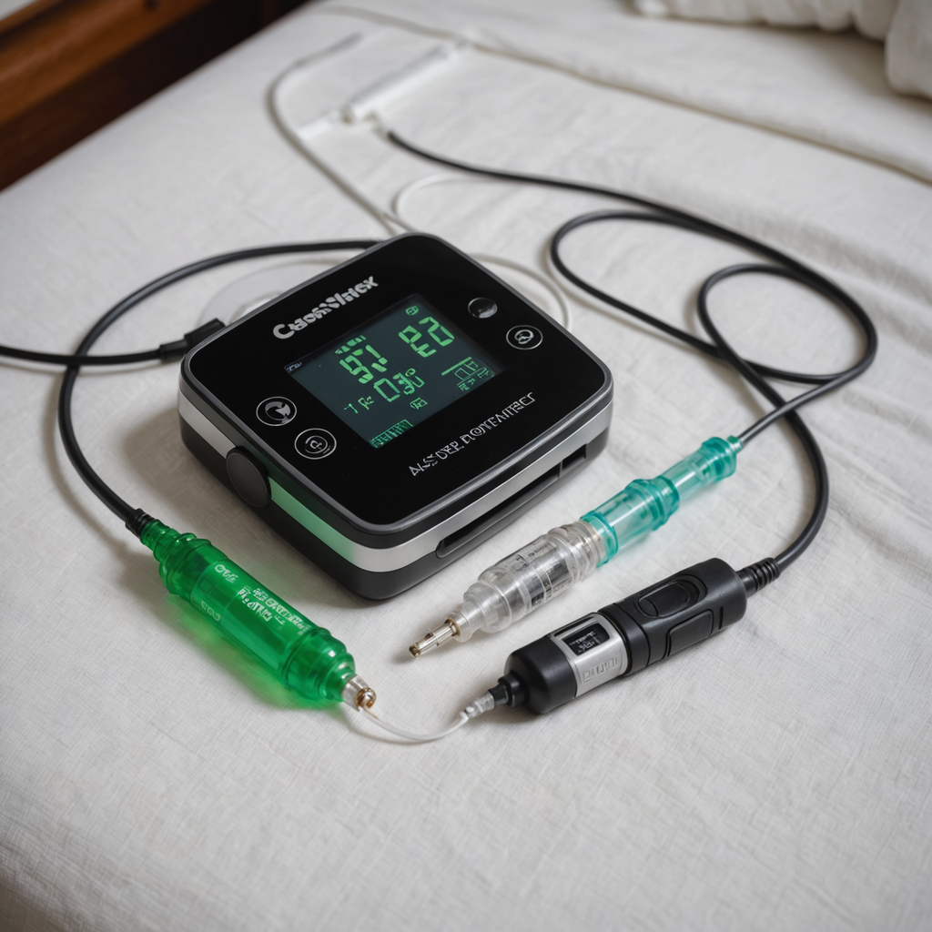 Close-up still life photograph of a home sleep apnea test kit arranged on a…