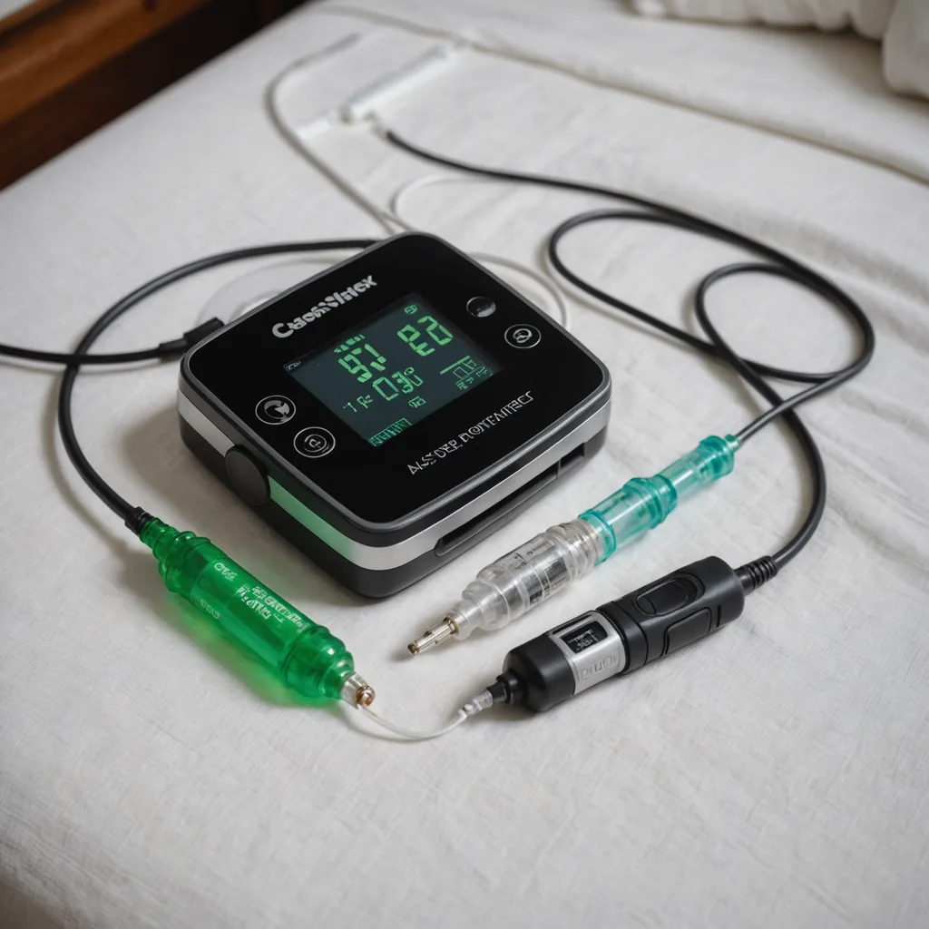Close-up still life photograph of a home sleep apnea test kit arranged on a…