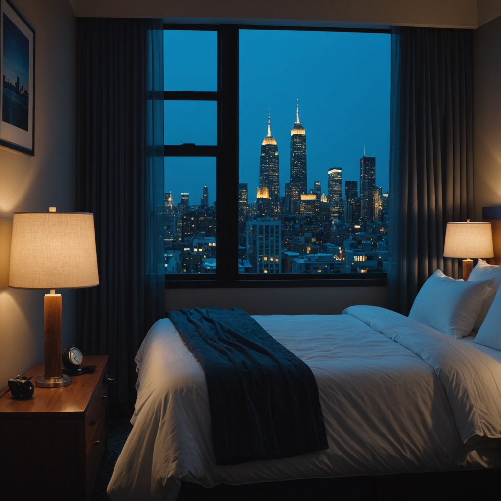 A dimly lit hotel room at night, shot from a low angle near the…