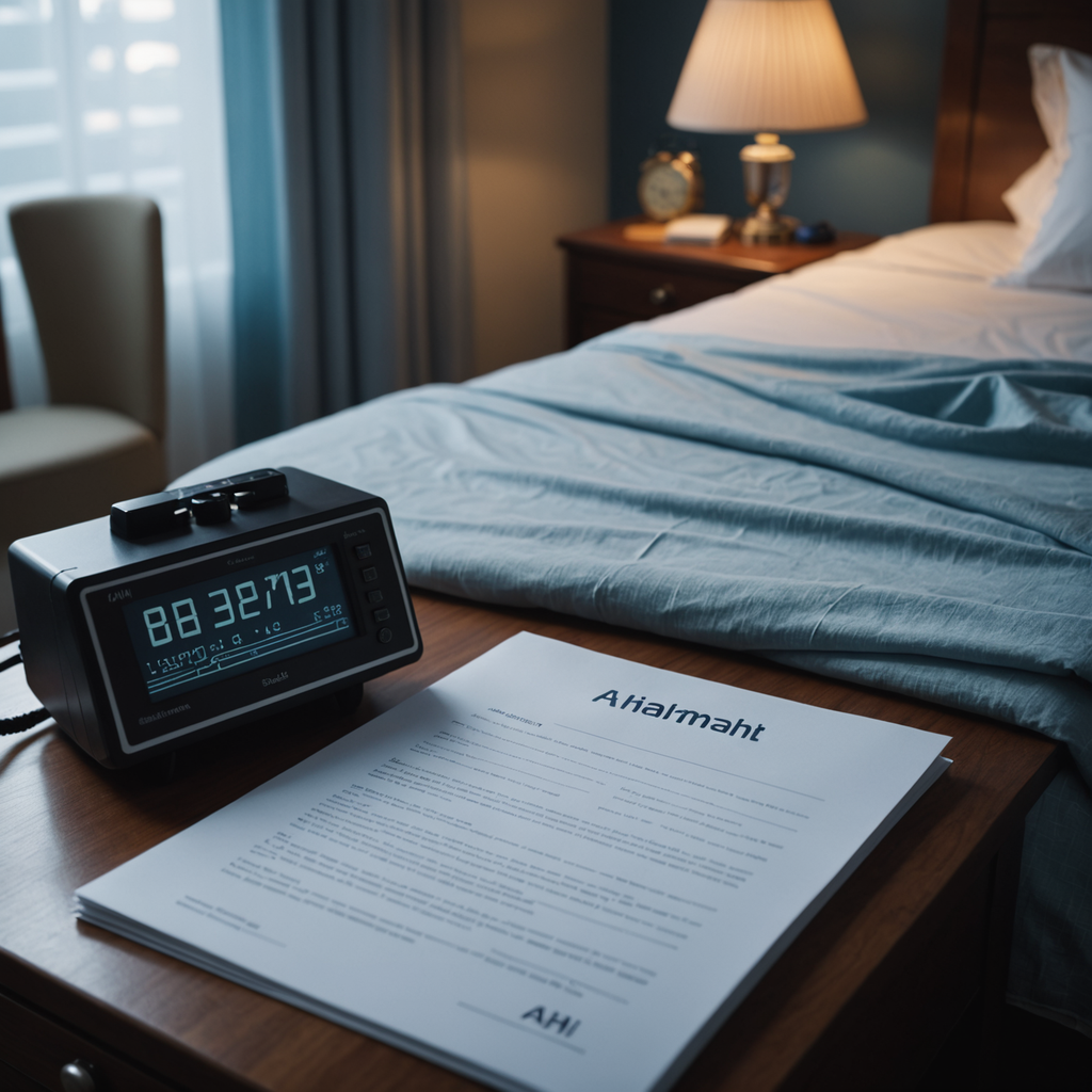 A close-up photorealistic still life of a medical sleep study report resting on a…