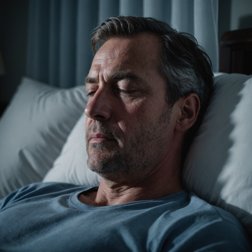 A close-up photorealistic portrait of a middle-aged man asleep on his back in a…