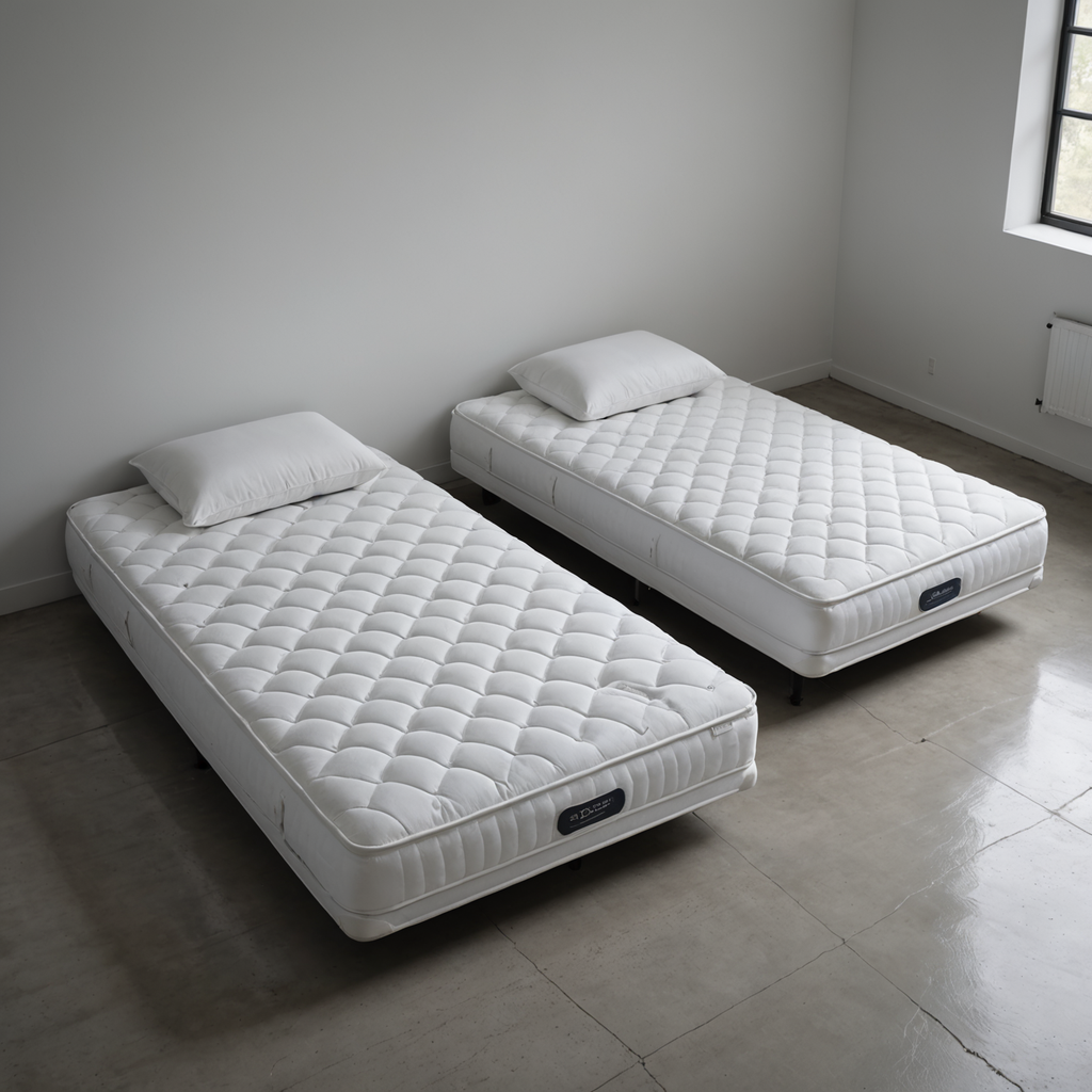 Overhead photograph of three identical queen-size white mattresses arranged side by side on a…
