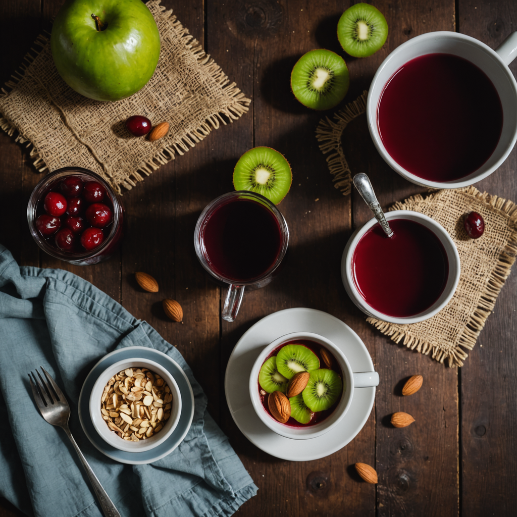 Overhead flat-lay photograph of a rustic wooden nightstand at dusk, arranged with sleep-associated foods…
