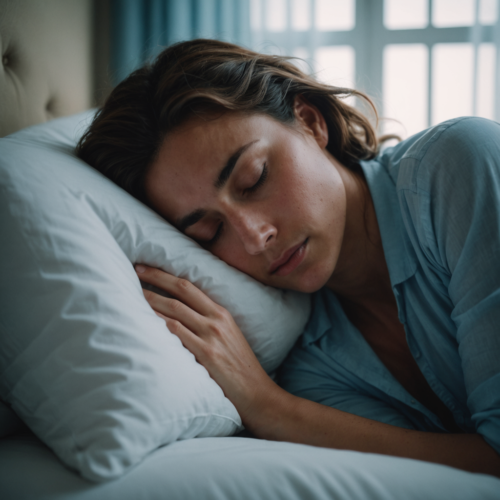 A close-up overhead photograph of a person sleeping peacefully on a crisp white pillow…
