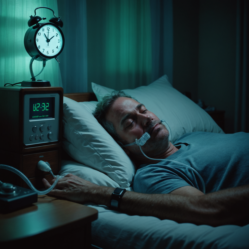 A photorealistic medium shot of a middle-aged man lying asleep on his back in…