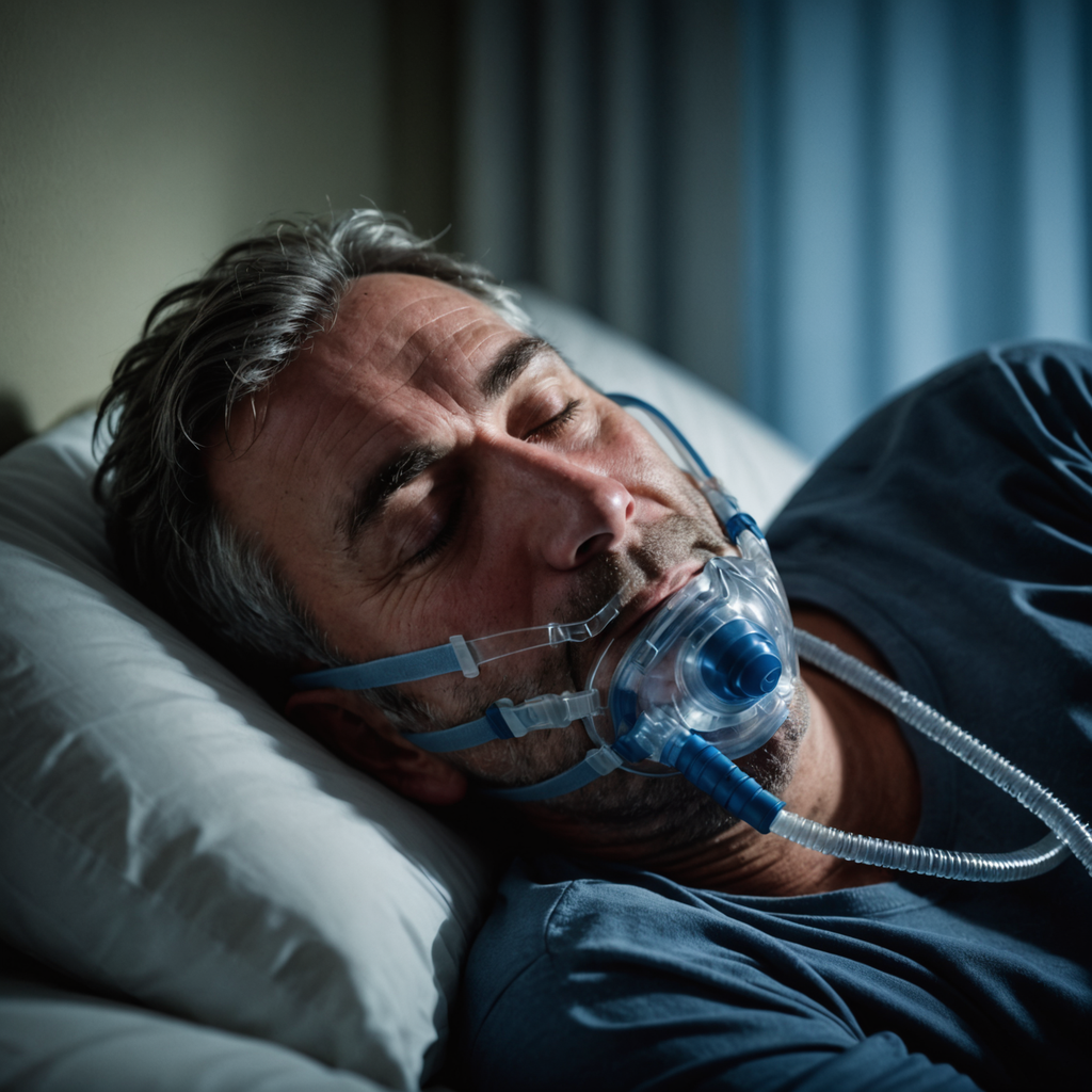 A photorealistic close-up of a middle-aged man asleep on his back in a dimly…