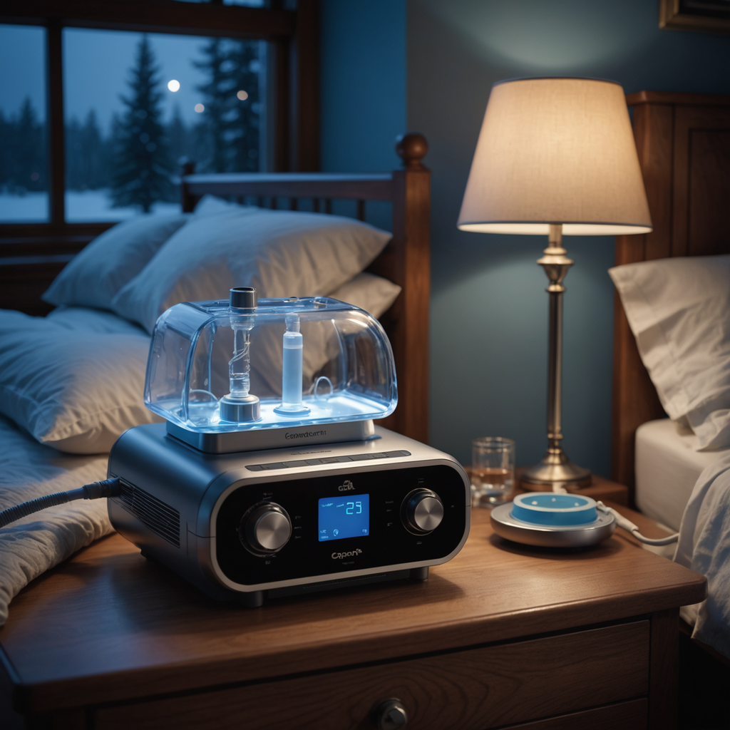A photorealistic close-up of a CPAP machine on a wooden nightstand in a dimly…