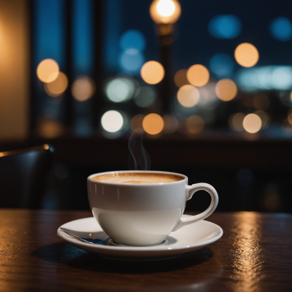 A close-up macro photograph of a small white porcelain espresso cup filled with dark…