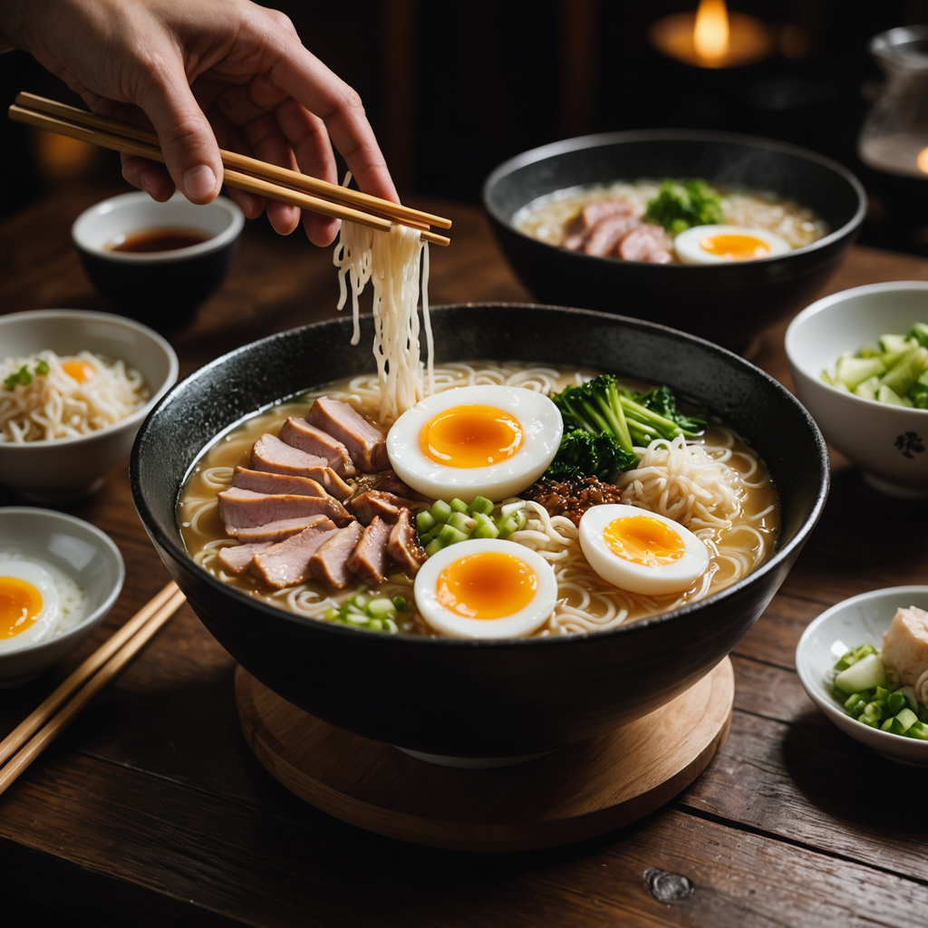 Overhead close-up photograph of a steaming bowl of tonkotsu ramen on a dark wooden…