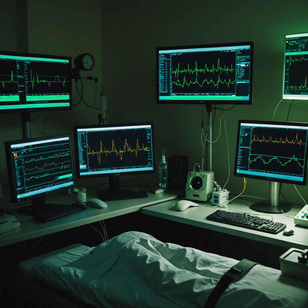 A dim, clinical sleep laboratory at night, photographed in a wide horizontal composition with…