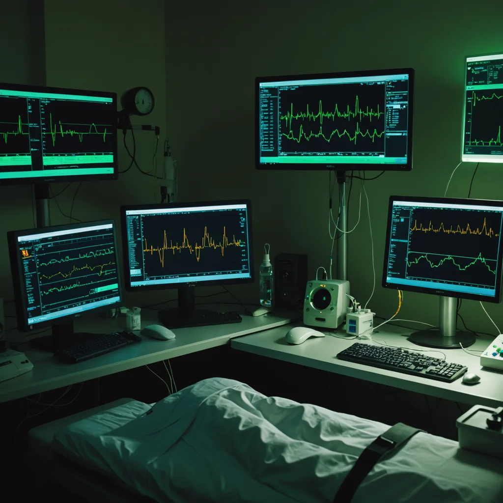 A dim, clinical sleep laboratory at night, photographed in a wide horizontal composition with…