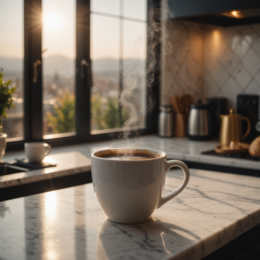 A close-up still life of a steaming white ceramic mug of black coffee on…