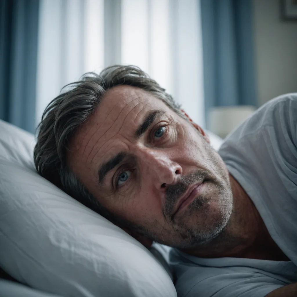 Photorealistic close-up portrait of a middle-aged man just waking up in bed, eyes barely…