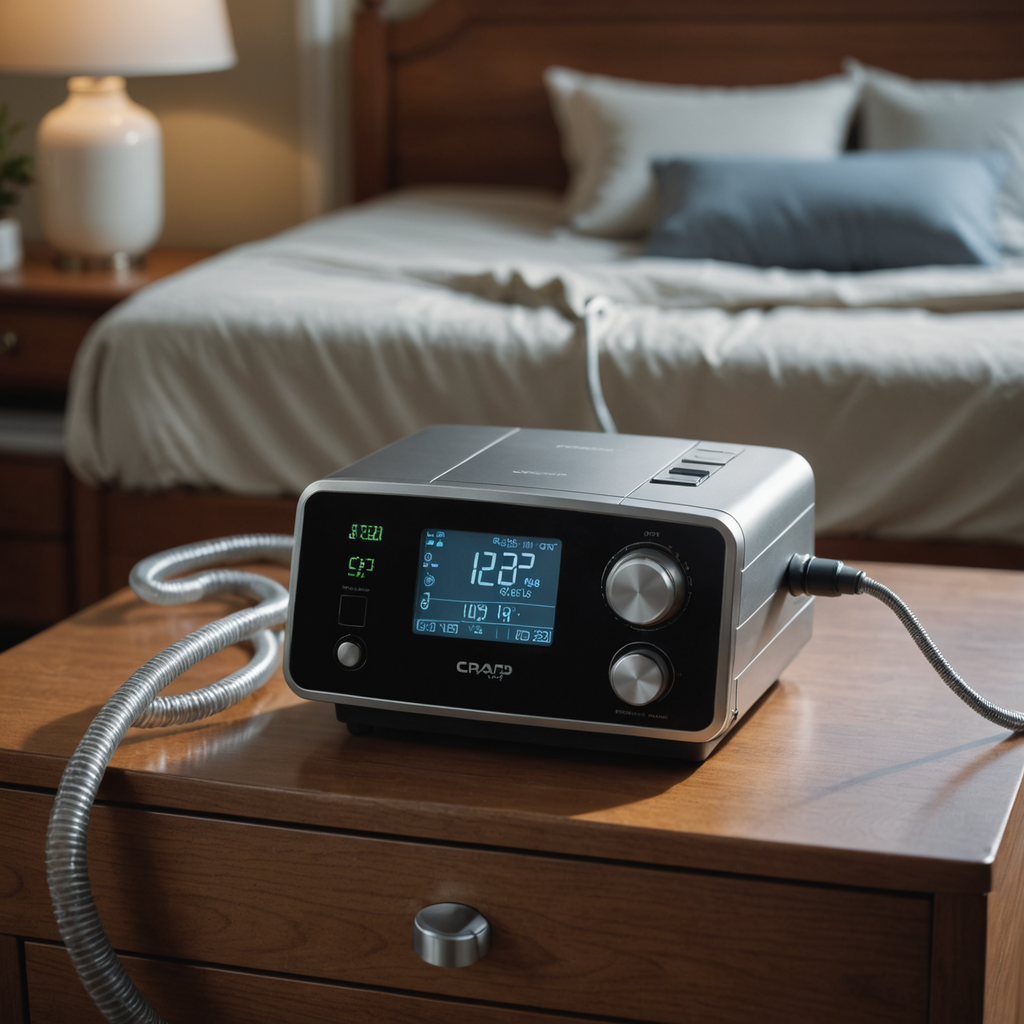 A close-up photorealistic photograph of a modern CPAP machine sitting on a wooden nightstand…