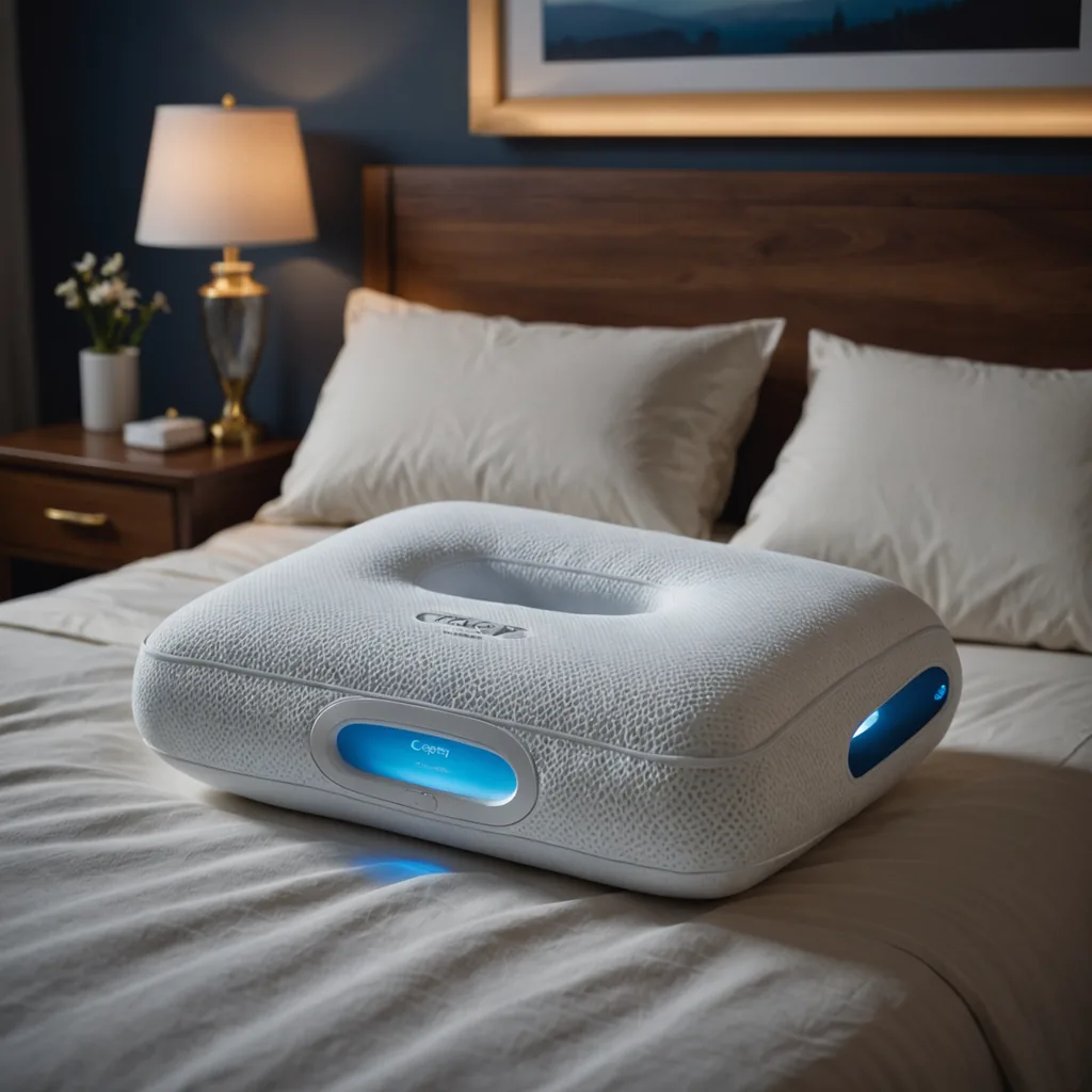 A close-up photorealistic bedroom scene at night showing a contoured memory foam CPAP pillow…