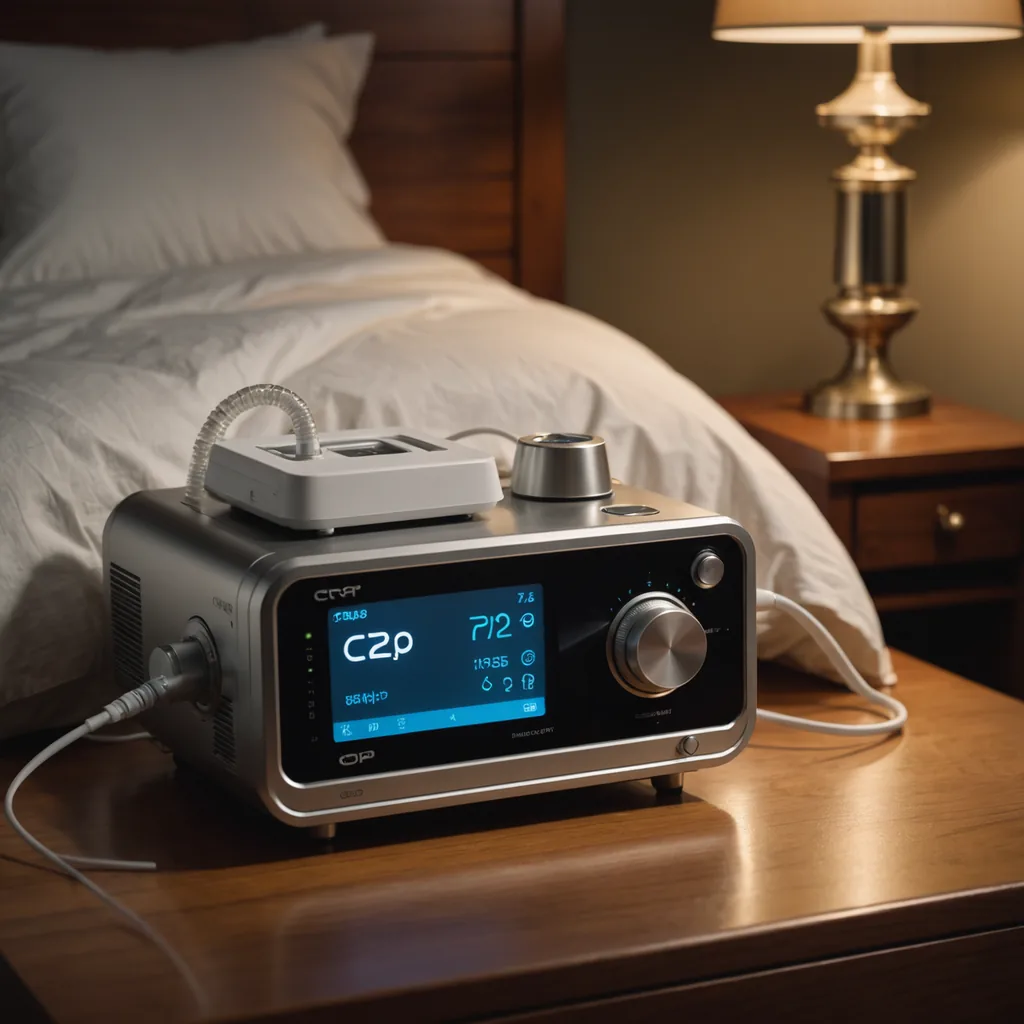 A close-up still life photograph of a modern CPAP machine on a wooden nightstand…