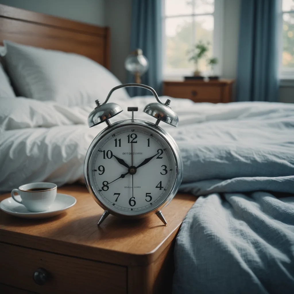 A close-up photorealistic shot of an analog bedside alarm clock on a wooden nightstand…