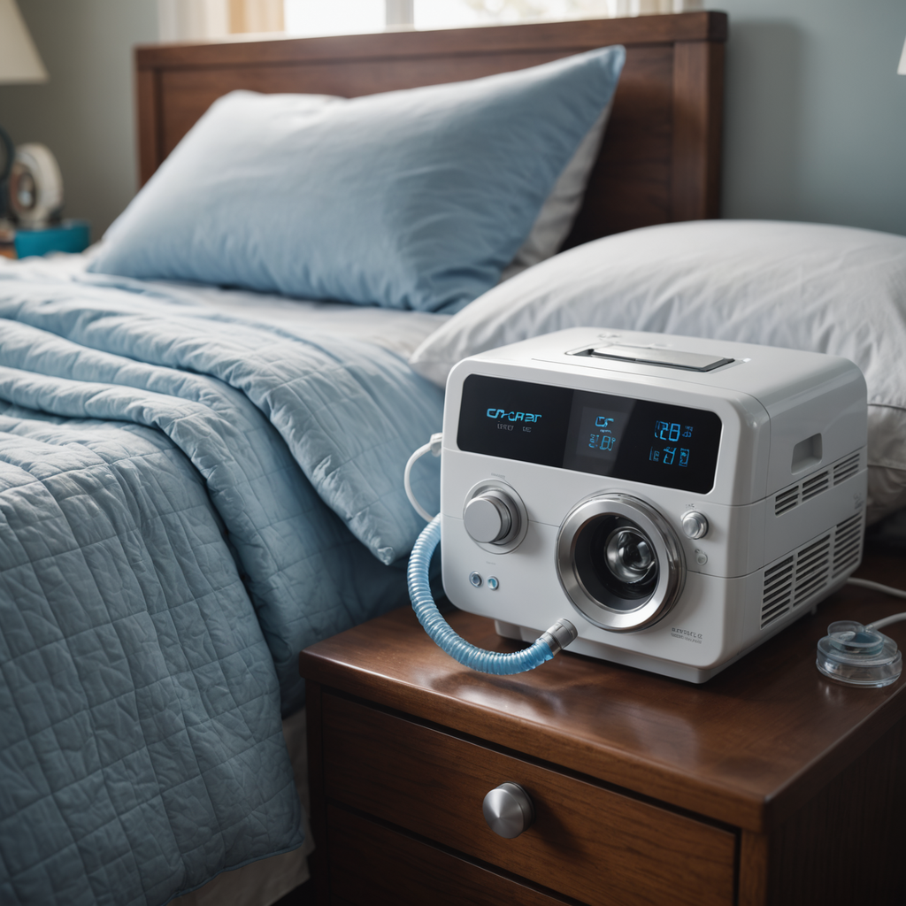 A close-up photorealistic still life of a modern CPAP machine on a nightstand beside…