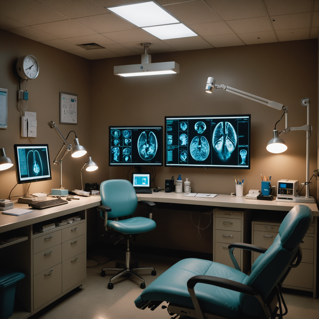 A photorealistic medical scene inside a dim ENT examination room, an illuminated monitor displaying…