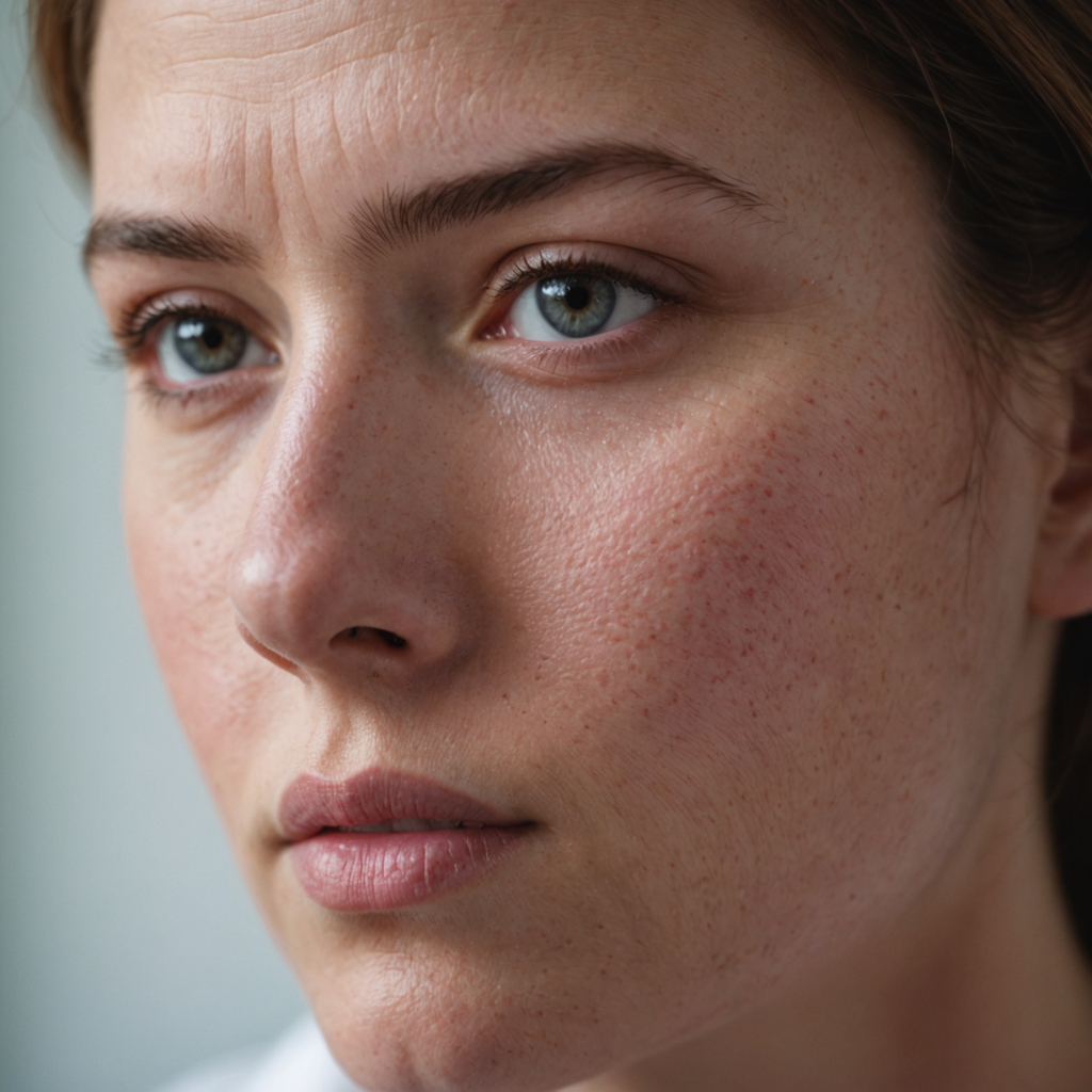 Extreme close-up photograph of a woman's face in soft morning light, showing faint pink…