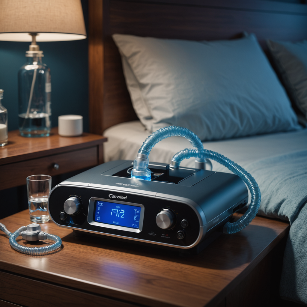 A photorealistic close-up of a modern ResMed-style CPAP machine on a wooden nightstand in…