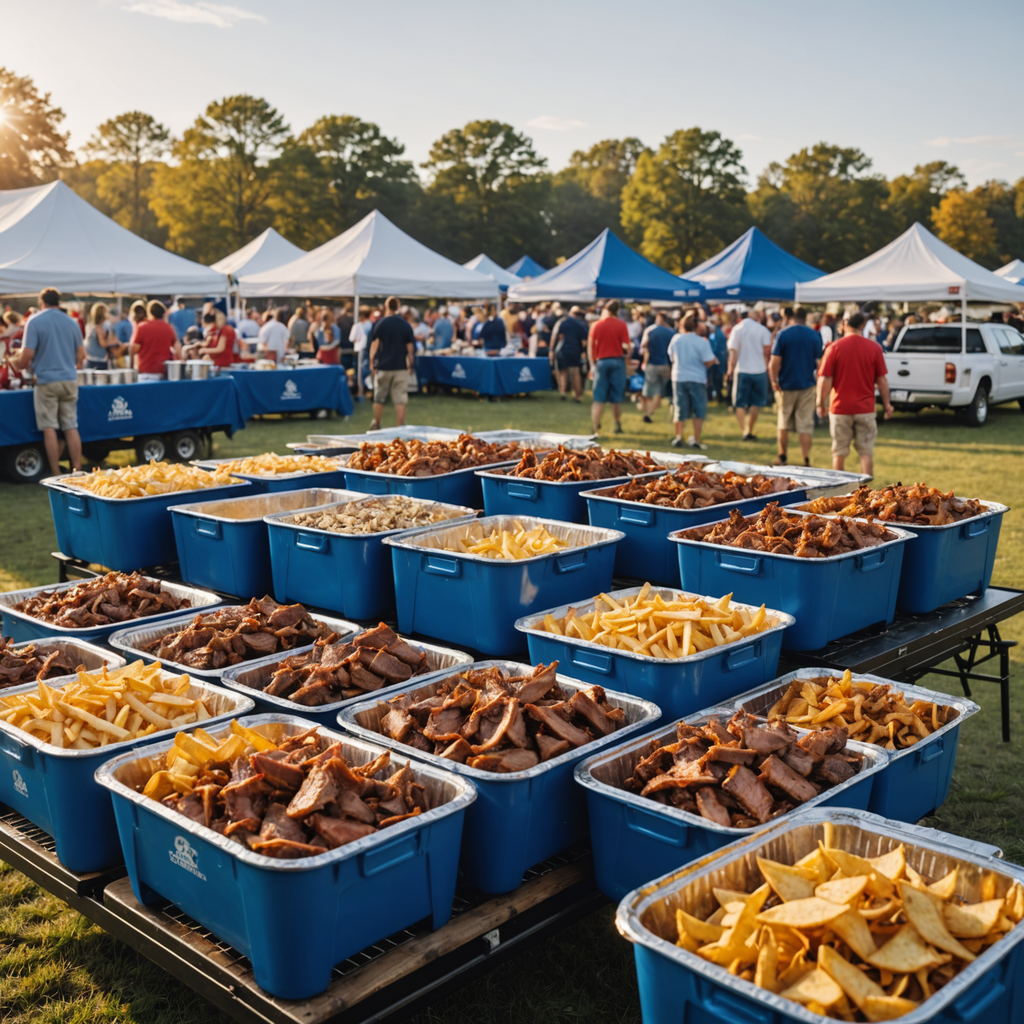 A wide, photorealistic shot of a Southern college football tailgate in a grassy parking…