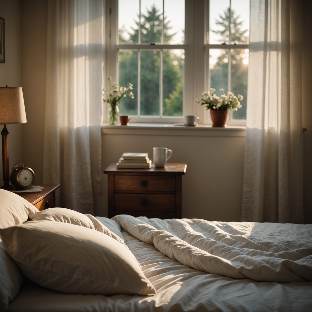 A serene, dimly lit bedroom photographed at dawn, soft golden morning light streaming through…