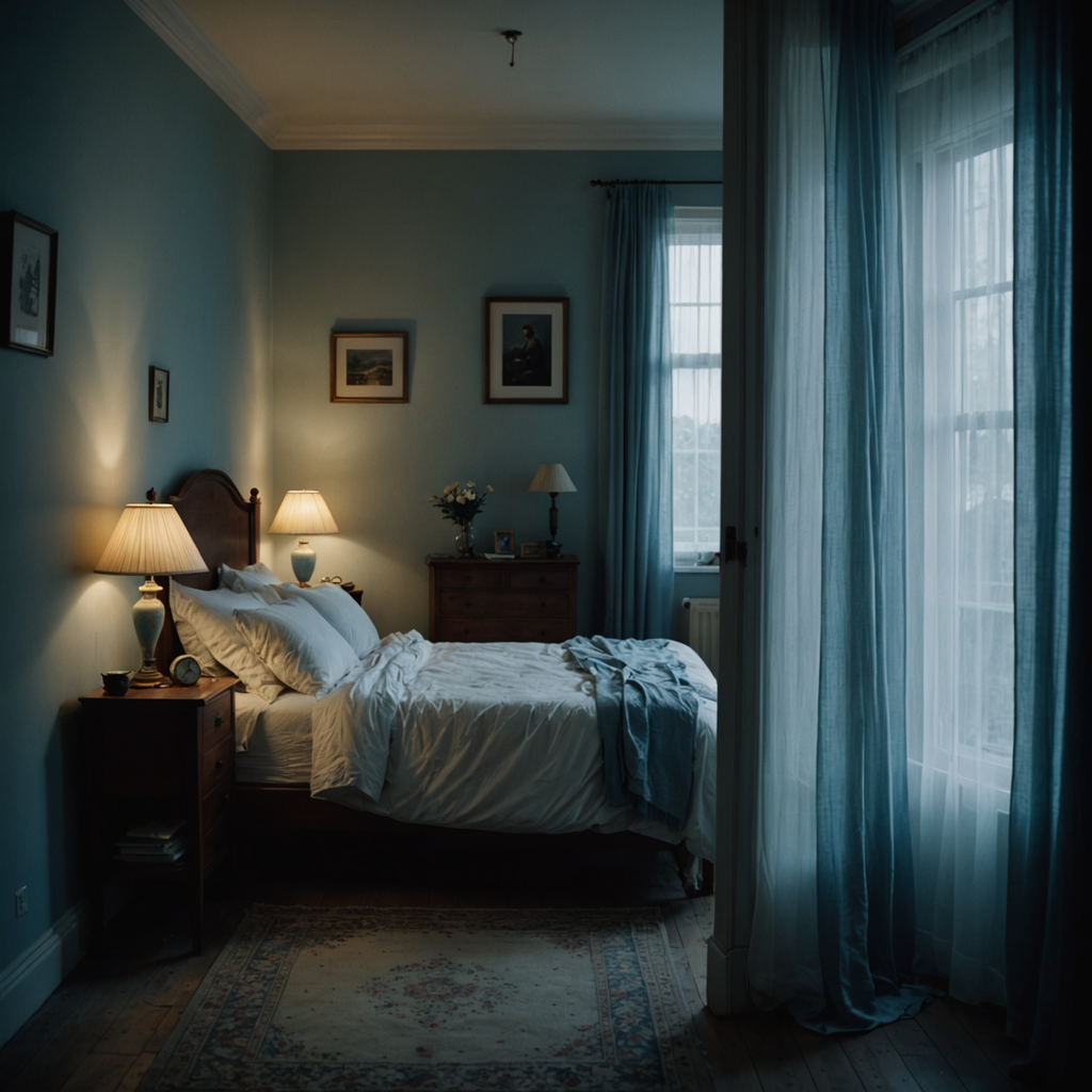 A dimly lit bedroom captured in the quiet pre-dawn hours, an empty unmade bed…