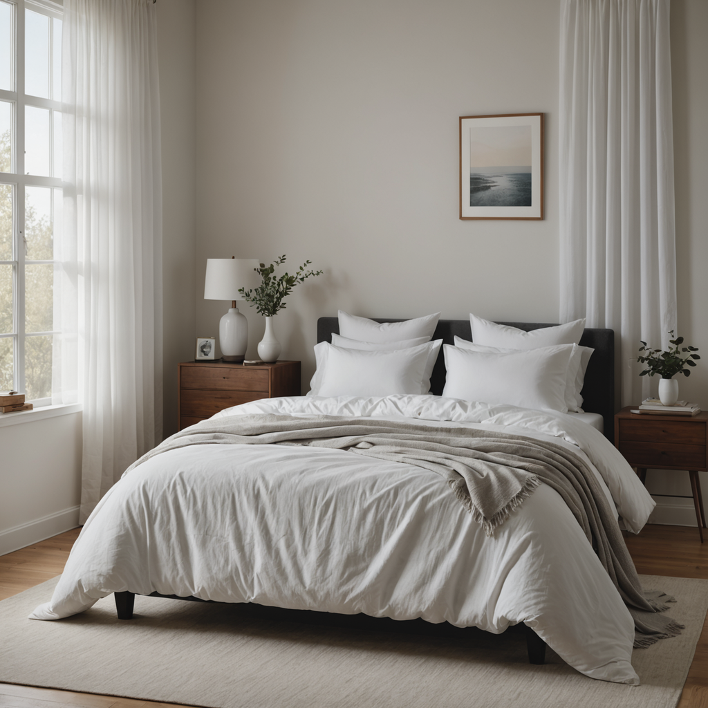 A serene, professionally styled bedroom photographed in soft morning light streaming through sheer linen…
