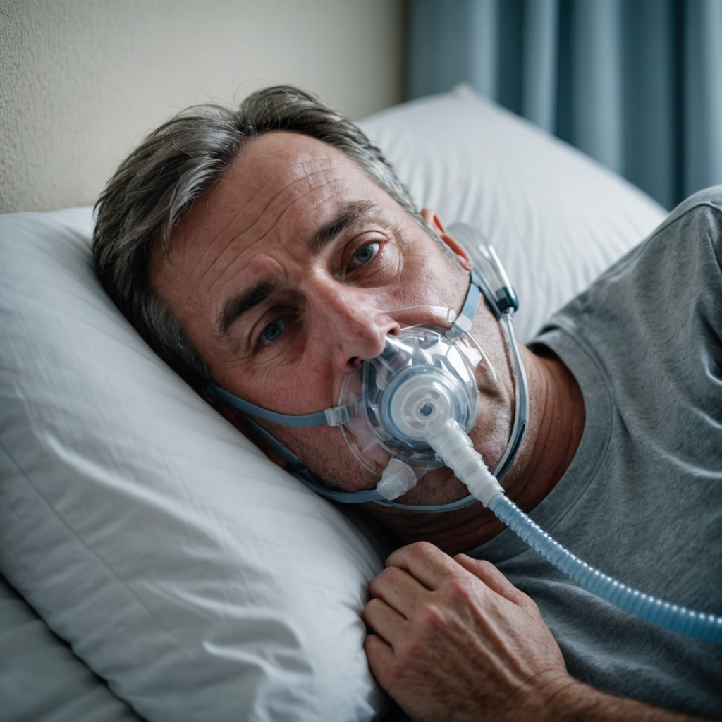 A close-up photorealistic portrait of a middle-aged man lying on his back in bed…