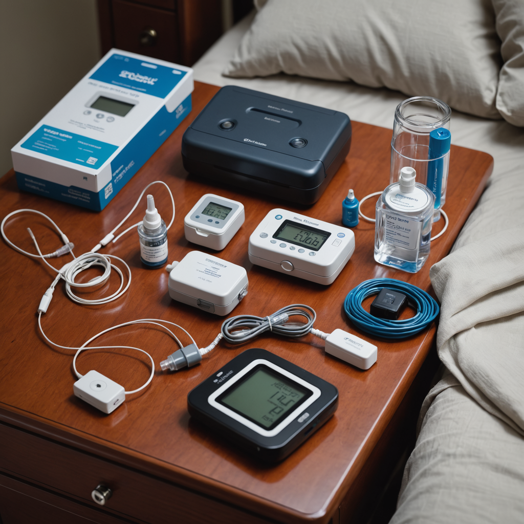 A photorealistic close-up of a small home sleep apnea test kit laid out on…
