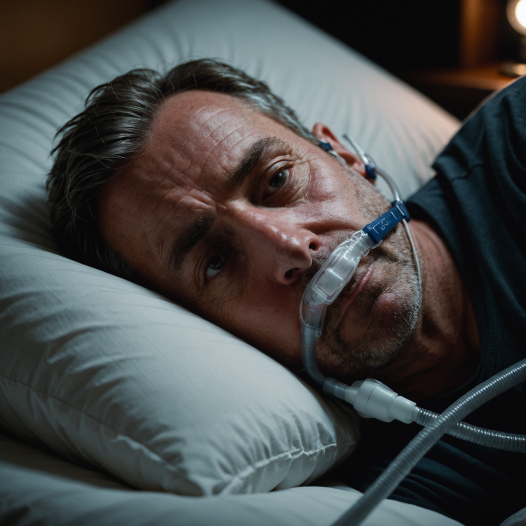 A close-up photorealistic portrait of a middle-aged person lying in bed at night wearing…