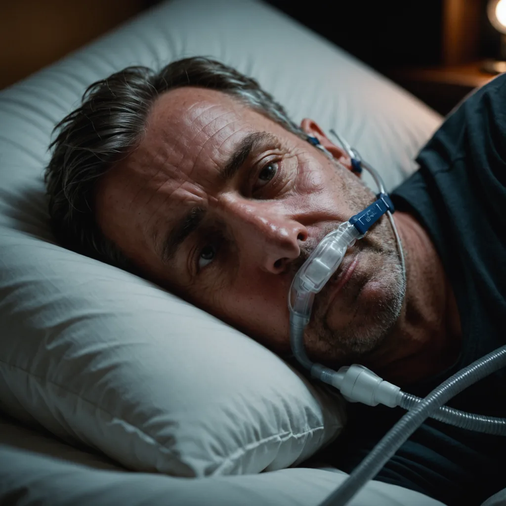 A close-up photorealistic portrait of a middle-aged person lying in bed at night wearing…