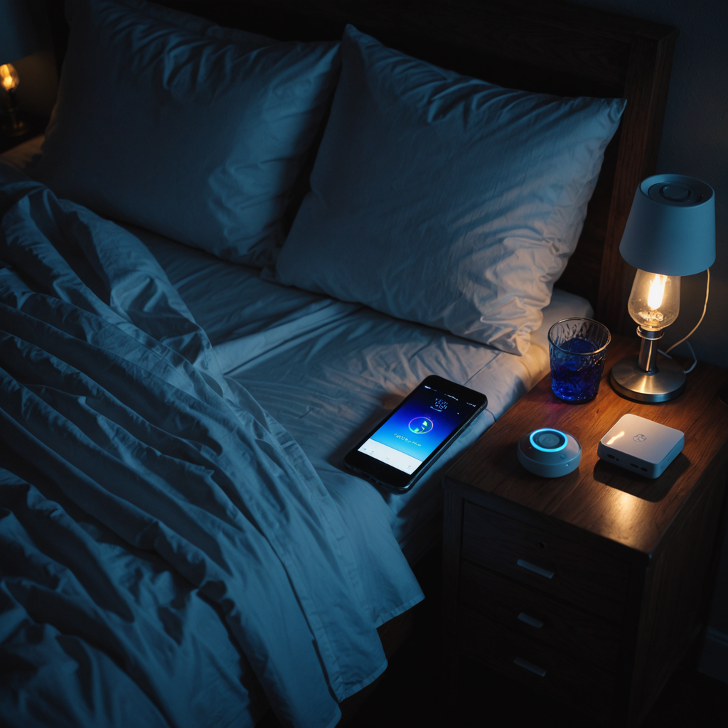 A dark bedroom shot at dawn, viewed from above the nightstand where a smartphone…